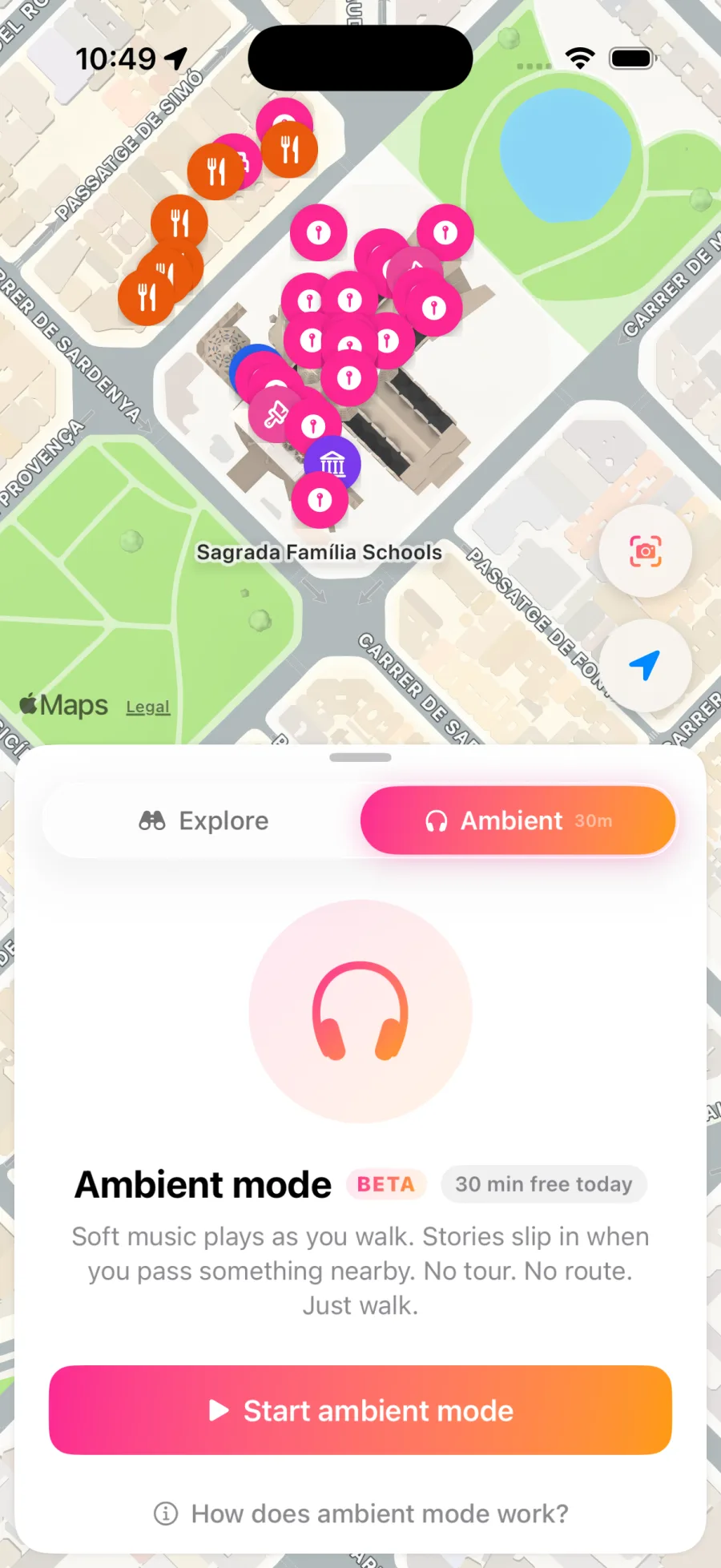 Naruho ambient mode panel showing the BETA pill, soft music description, and Start ambient mode button