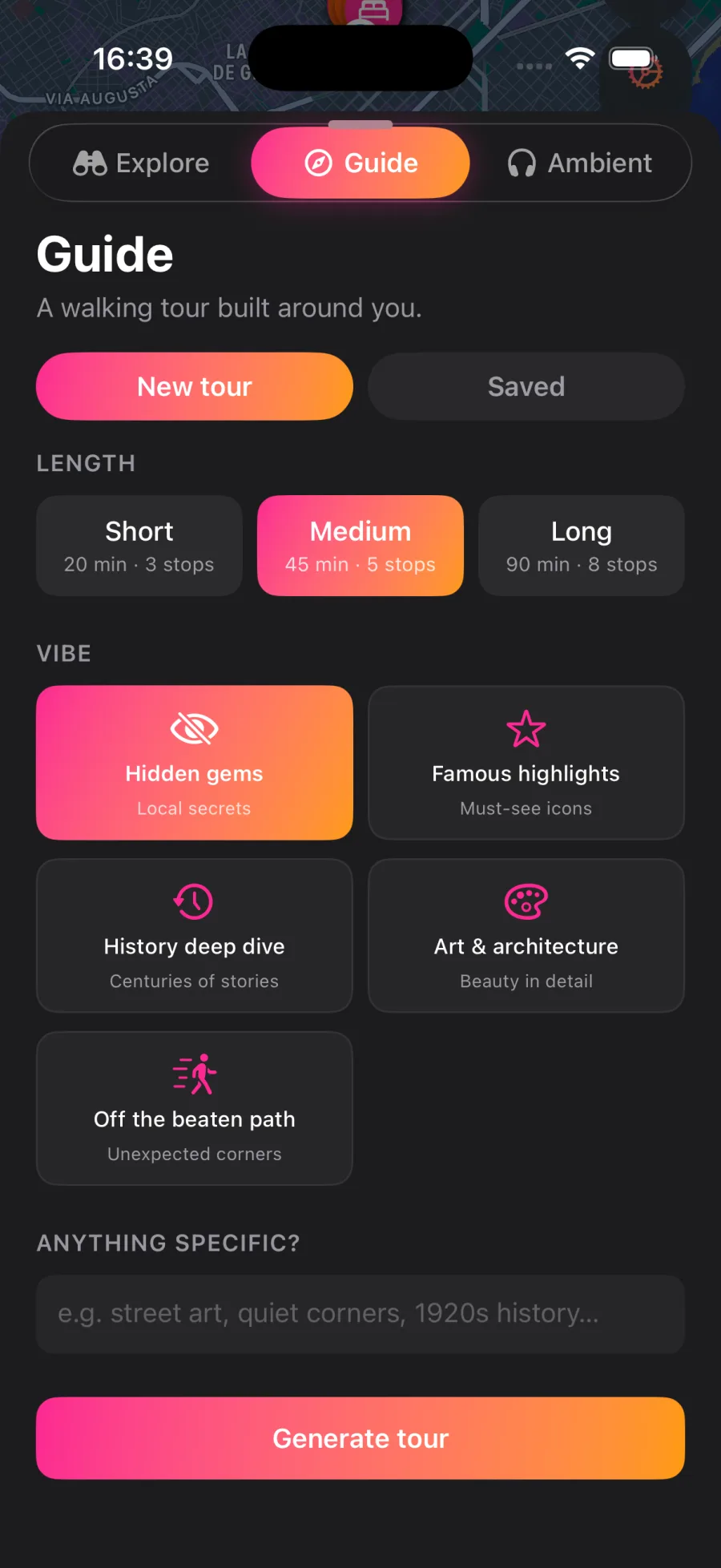 Naruho Guide setup screen: pick a length and a vibe, then tap Generate tour