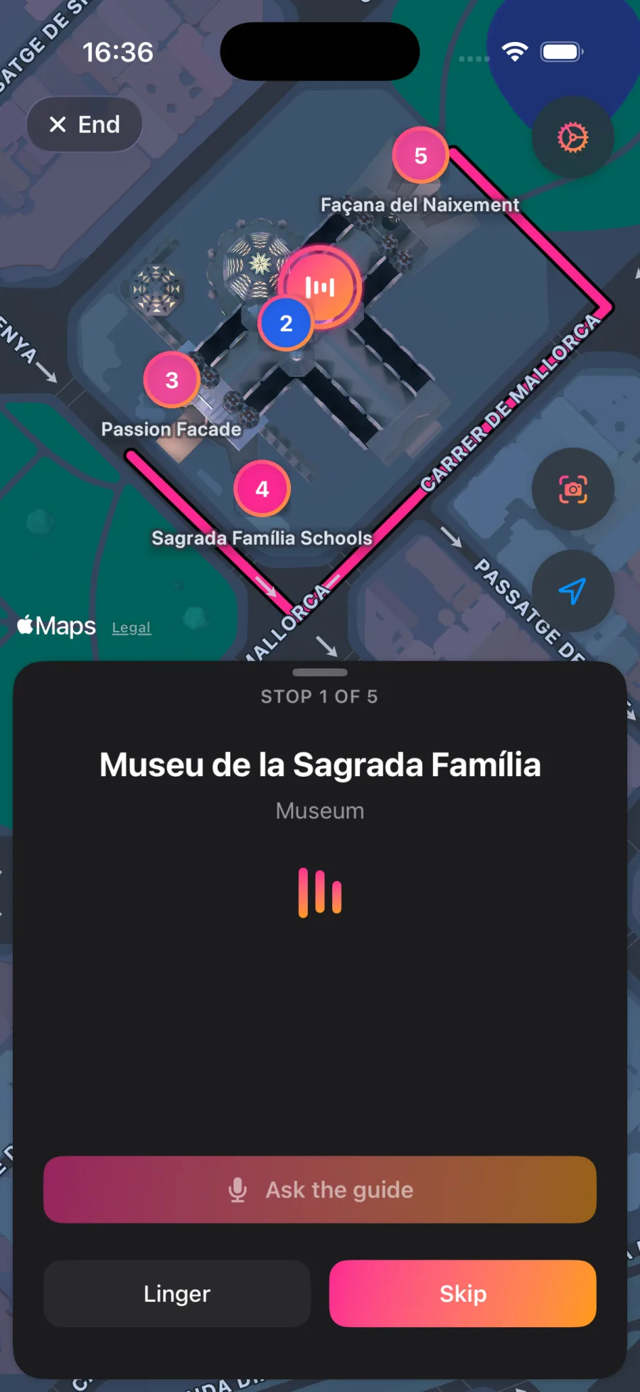 Naruho arriving at a stop on the tour with the story playing and an Ask the guide button