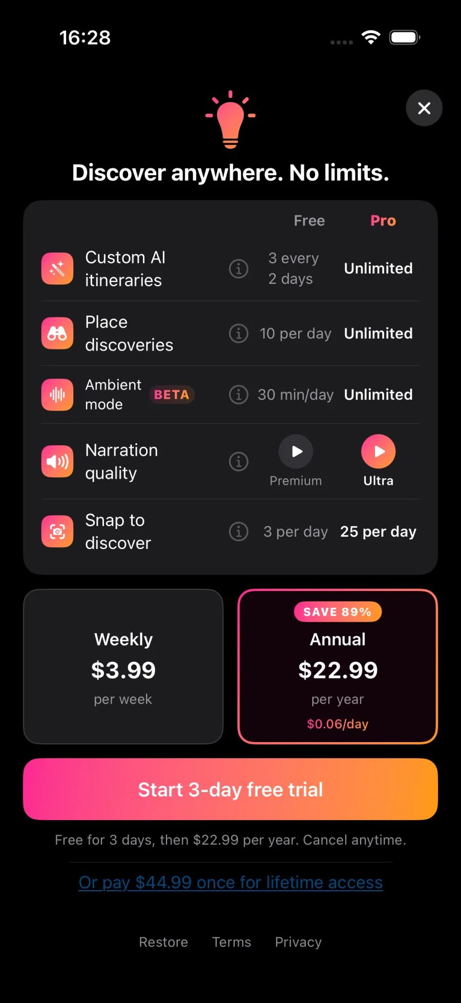 Naruho Pro paywall comparing Free and Pro, with the Premium and Ultra narration voices